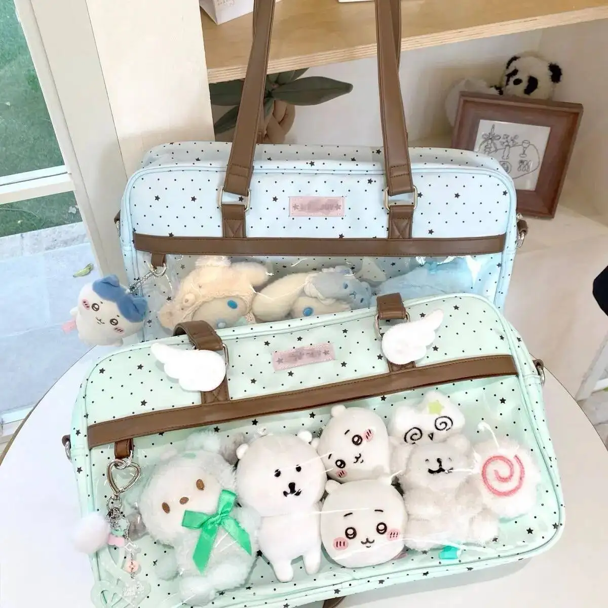 New Y2k Cute Lace Ita Bag Large Capacity Lolita Girls Transparent Pocket DIY Badge Display Shoulder Bag Casual Polka Dot Handbag