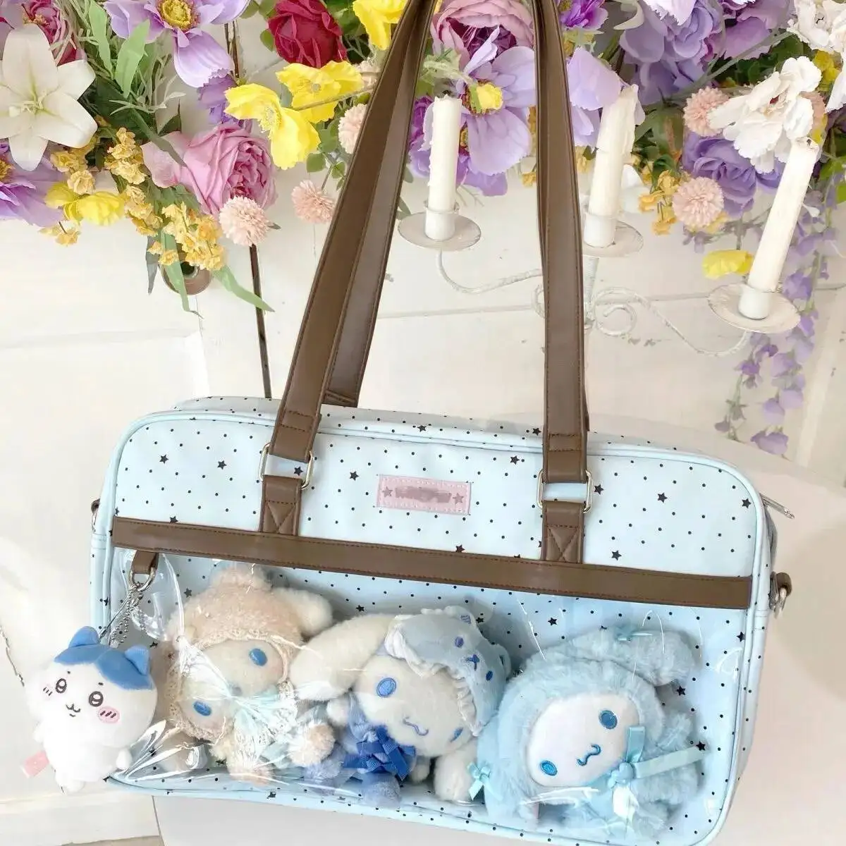 New Y2k Cute Lace Ita Bag Large Capacity Lolita Girls Transparent Pocket DIY Badge Display Shoulder Bag Casual Polka Dot Handbag