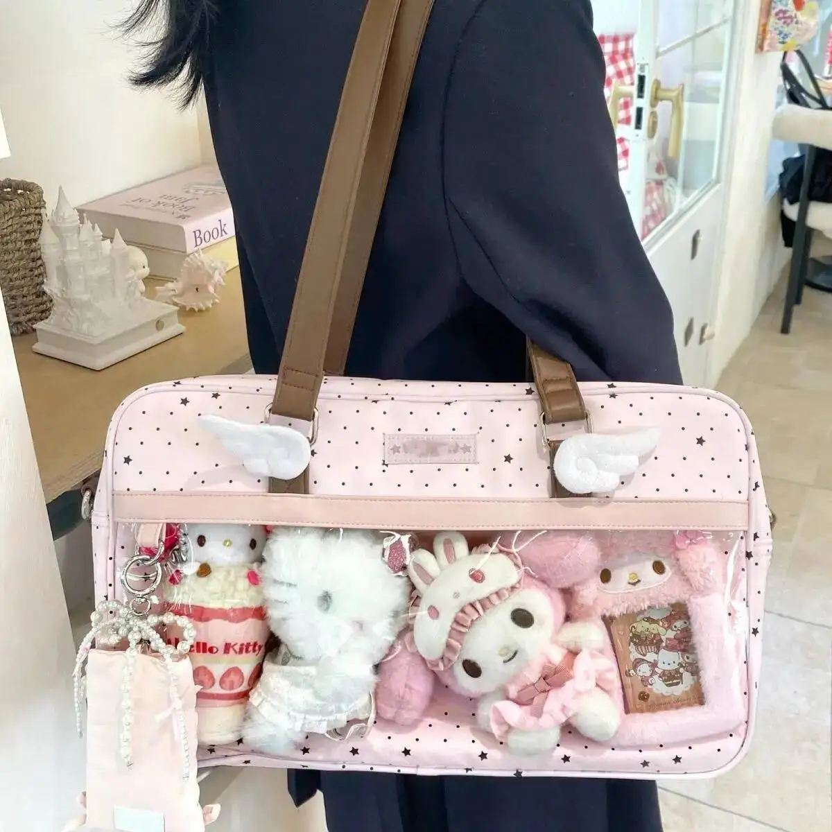 New Y2k Cute Lace Ita Bag Large Capacity Lolita Girls Transparent Pocket DIY Badge Display Shoulder Bag Casual Polka Dot Handbag