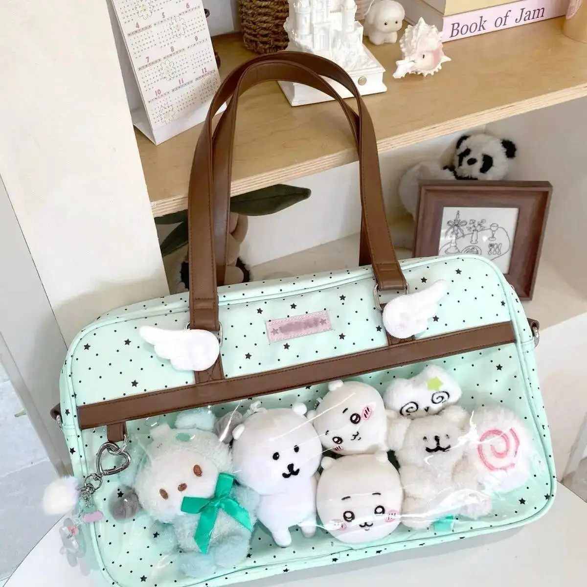 New Y2k Cute Lace Ita Bag Large Capacity Lolita Girls Transparent Pocket DIY Badge Display Shoulder Bag Casual Polka Dot Handbag