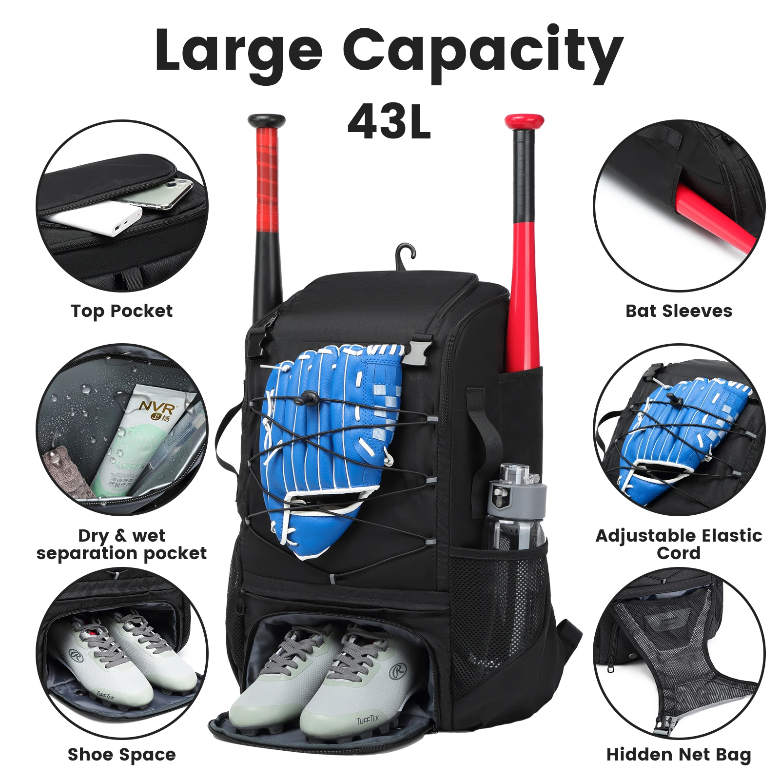 Softball Equipment Bag Baseball Backpack with Shoe Compartment Softball Bag for Youth Large Capacity Sport Baseball Backpack