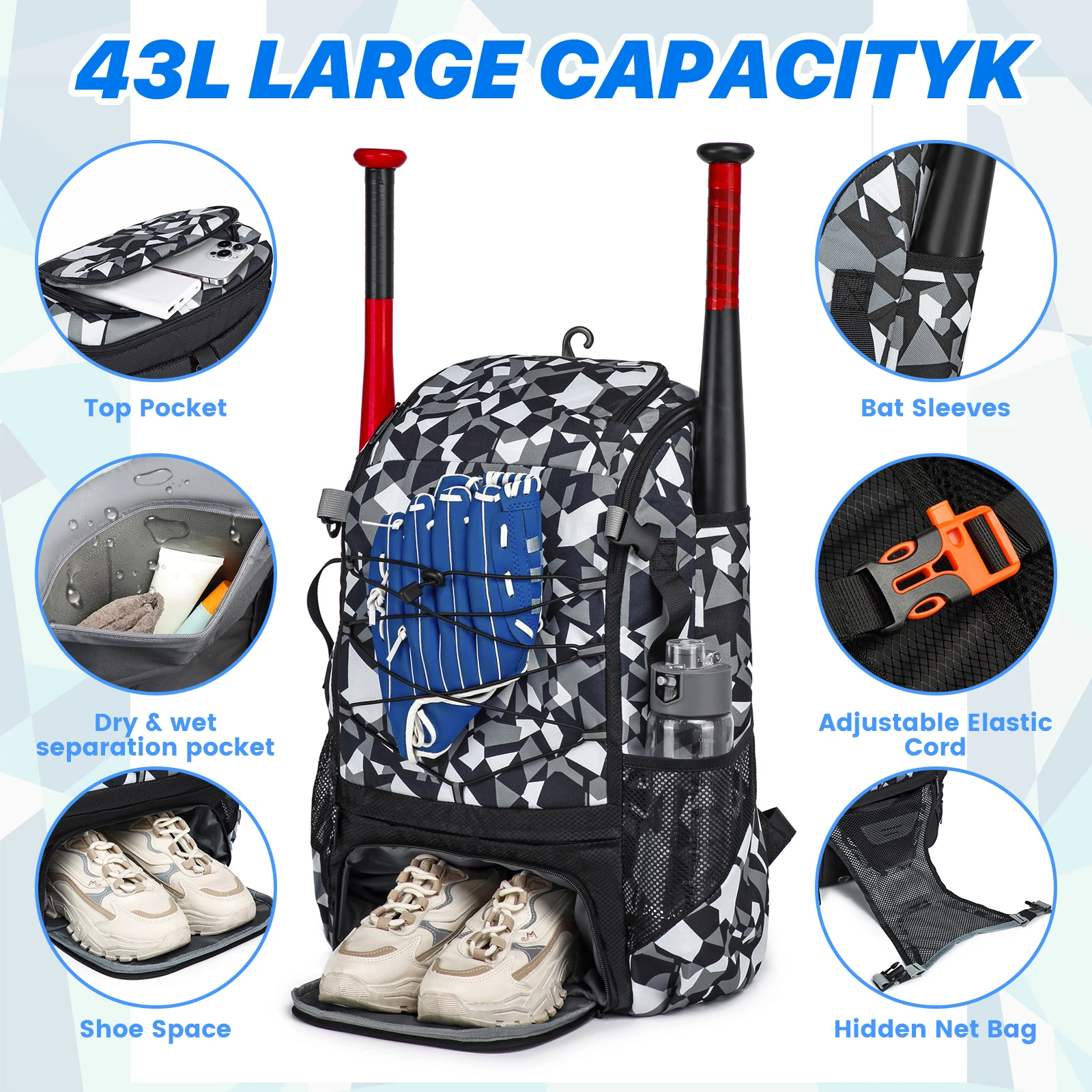 Softball Equipment Bag Baseball Backpack with Shoe Compartment Softball Bag for Youth Large Capacity Sport Baseball Backpack