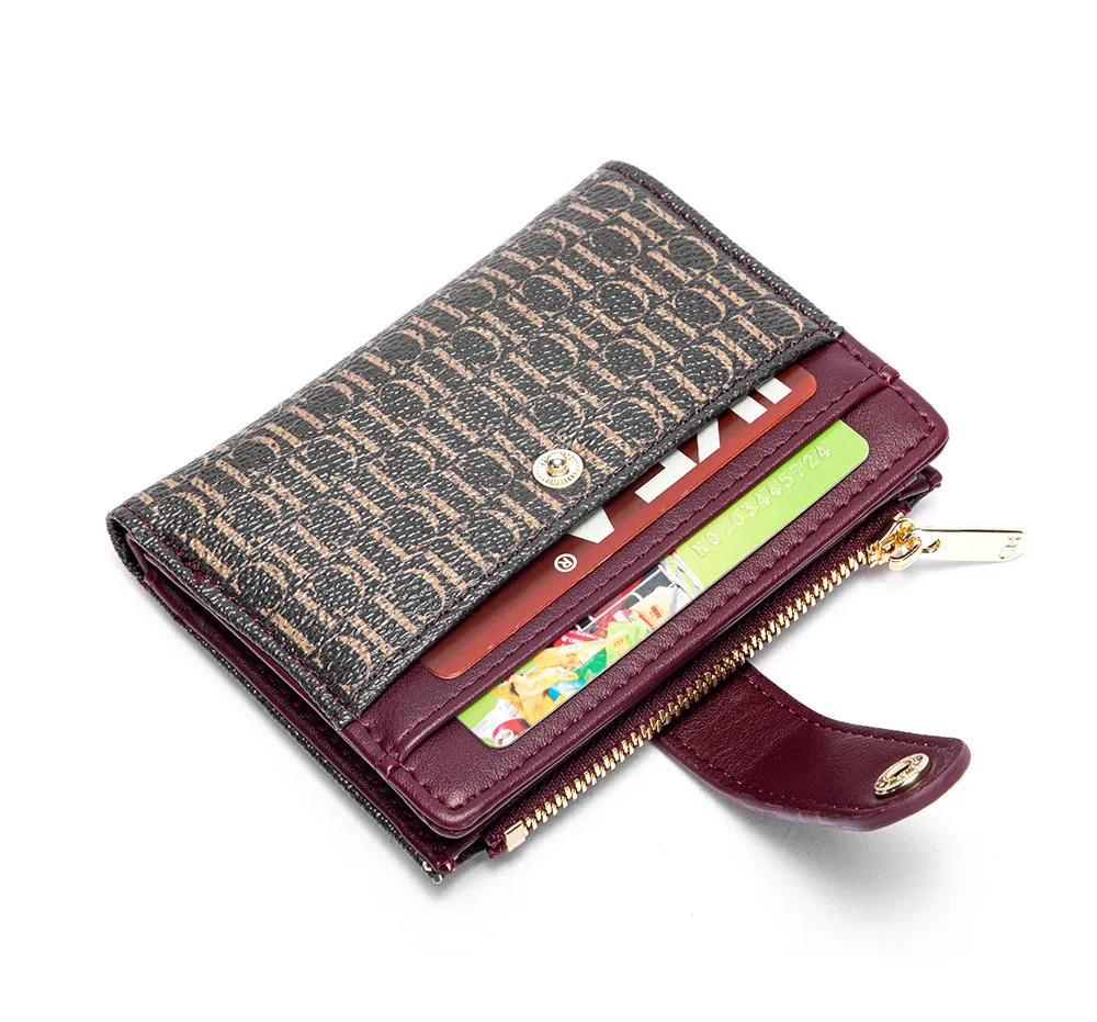 CH Mini Card Holder Women Embossed Full Letter Wallet Snap Closure Multi Card Slot Zipper Coin Bag Portable Female Small Purse