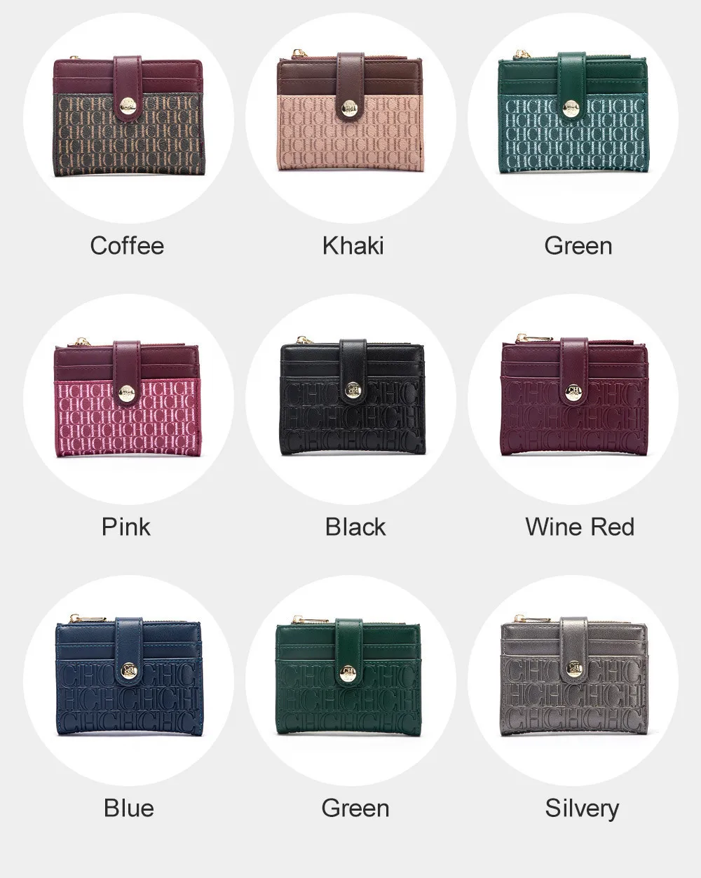 CH Mini Card Holder Women Embossed Full Letter Wallet Snap Closure Multi Card Slot Zipper Coin Bag Portable Female Small Purse