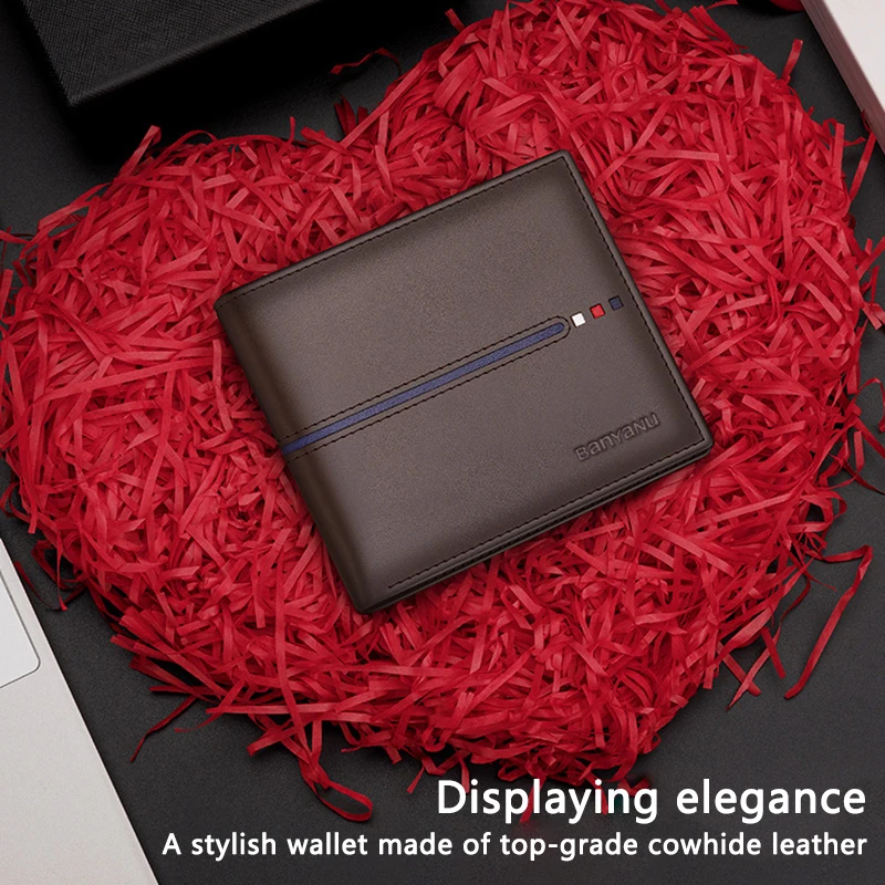 New 2026 Men's Short Wallet Genuine Leather First Layer Cowhide Rfid Blocking Slim Thin Minimalist Purse
