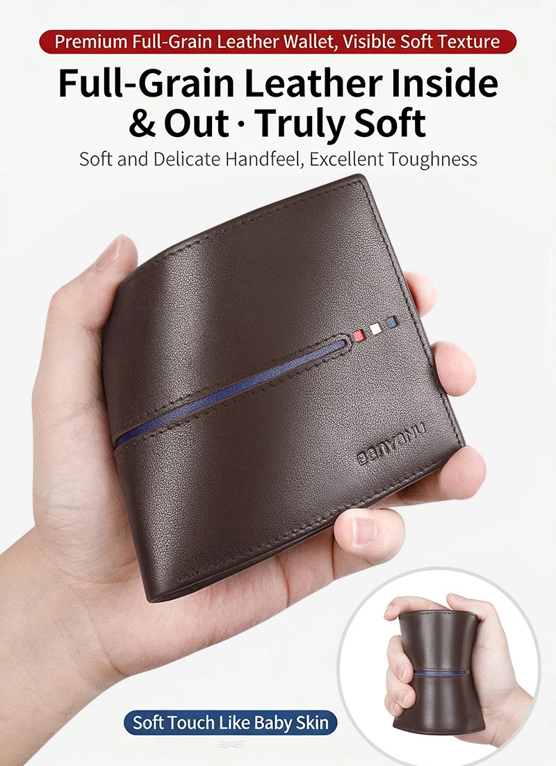 New 2026 Men's Short Wallet Genuine Leather First Layer Cowhide Rfid Blocking Slim Thin Minimalist Purse
