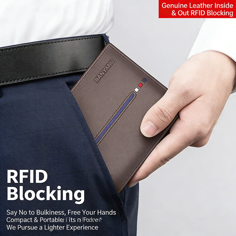 New 2026 Men's Short Wallet Genuine Leather First Layer Cowhide Rfid Blocking Slim Thin Minimalist Purse
