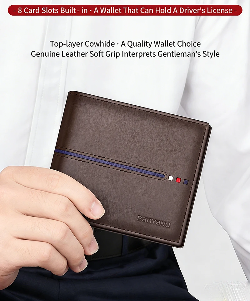 New 2026 Men's Short Wallet Genuine Leather First Layer Cowhide Rfid Blocking Slim Thin Minimalist Purse