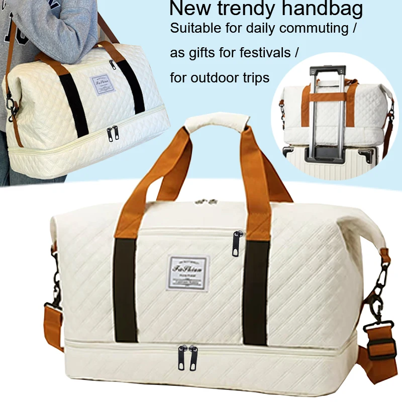 Convenient Shoe Pocket Motorbike Travel Bag Quilted Fabric, Lightweight Carry-on Duffle for Outdoor Weekend Short Trips
