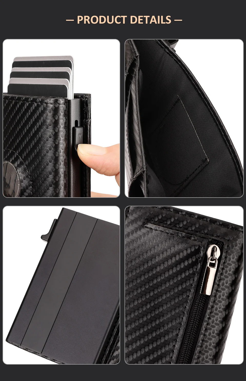 Carbon Fiber Mens Airtag Wallet RFID Blcoking Pop Up Aluminum Card Holder Slim Male Smart Front Pocket with Banknote Compartment