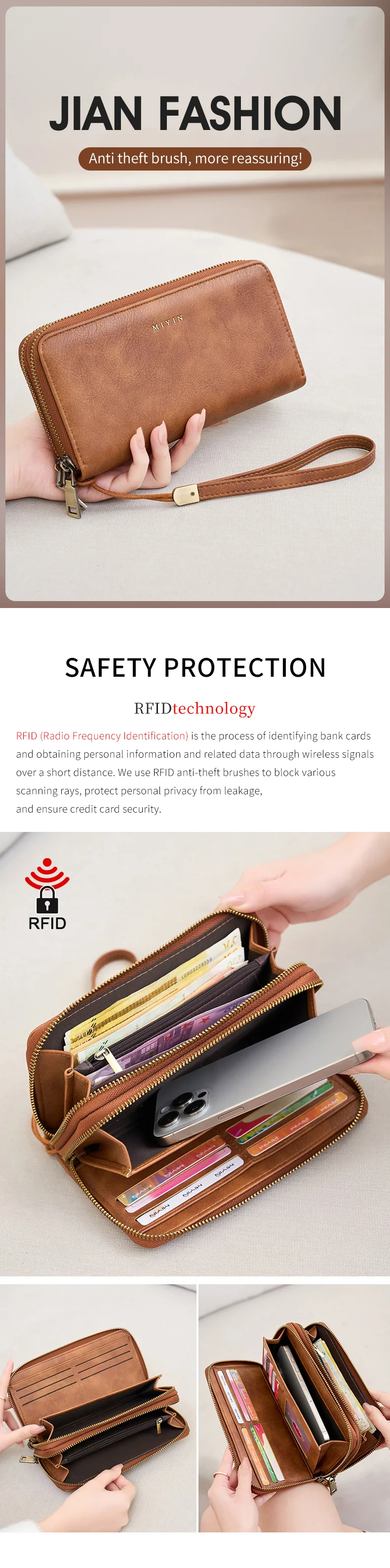 MIYIN Women's Wallet RFID Shielding Double Zipper Women's Clutch Bag Retro Minimalist Multi-function Multi-card Slot Card Holder