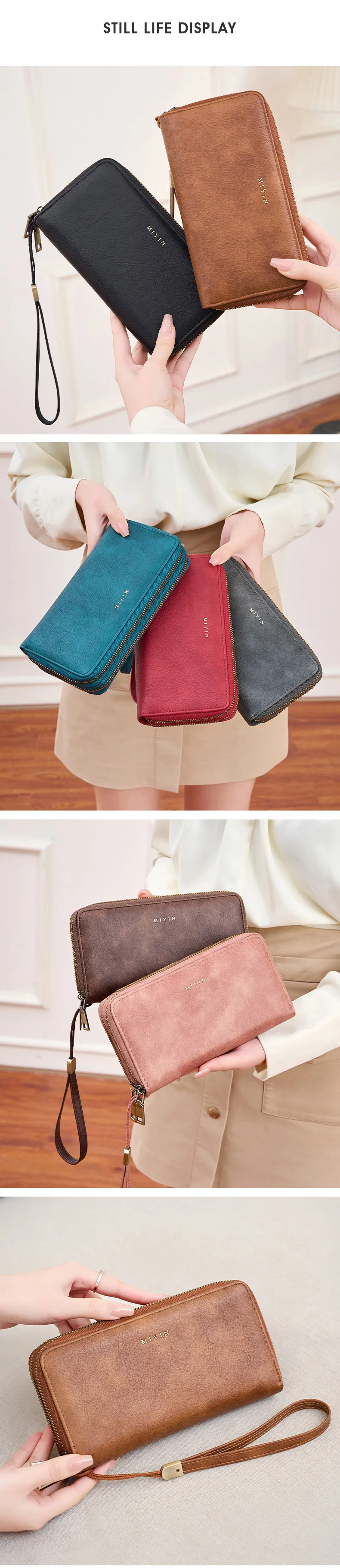 MIYIN Women's Wallet RFID Shielding Double Zipper Women's Clutch Bag Retro Minimalist Multi-function Multi-card Slot Card Holder