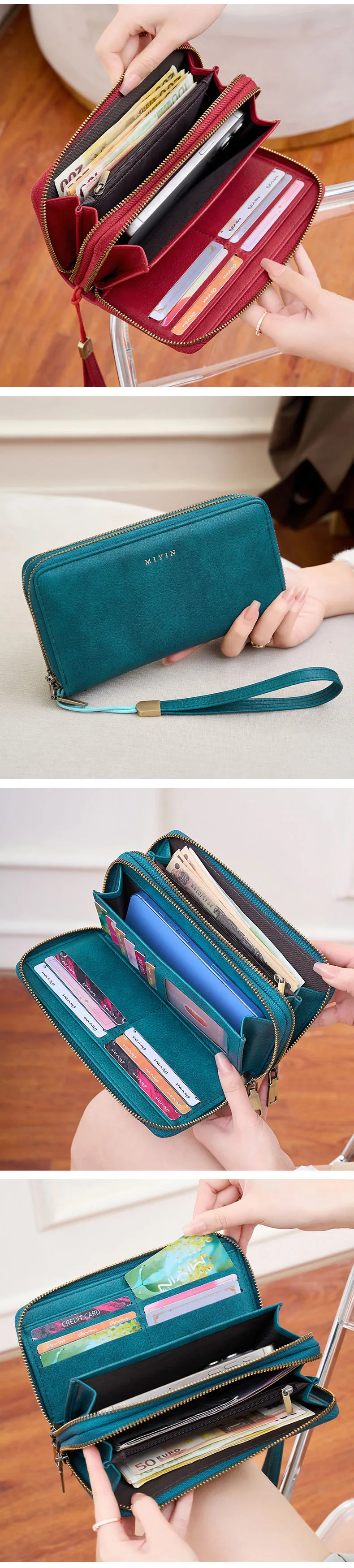 MIYIN Women's Wallet RFID Shielding Double Zipper Women's Clutch Bag Retro Minimalist Multi-function Multi-card Slot Card Holder