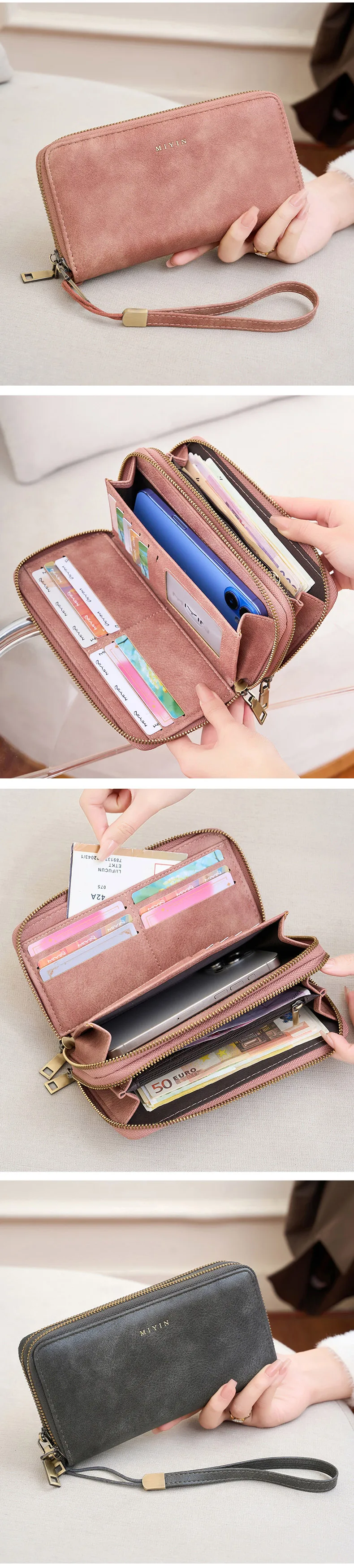 MIYIN Women's Wallet RFID Shielding Double Zipper Women's Clutch Bag Retro Minimalist Multi-function Multi-card Slot Card Holder