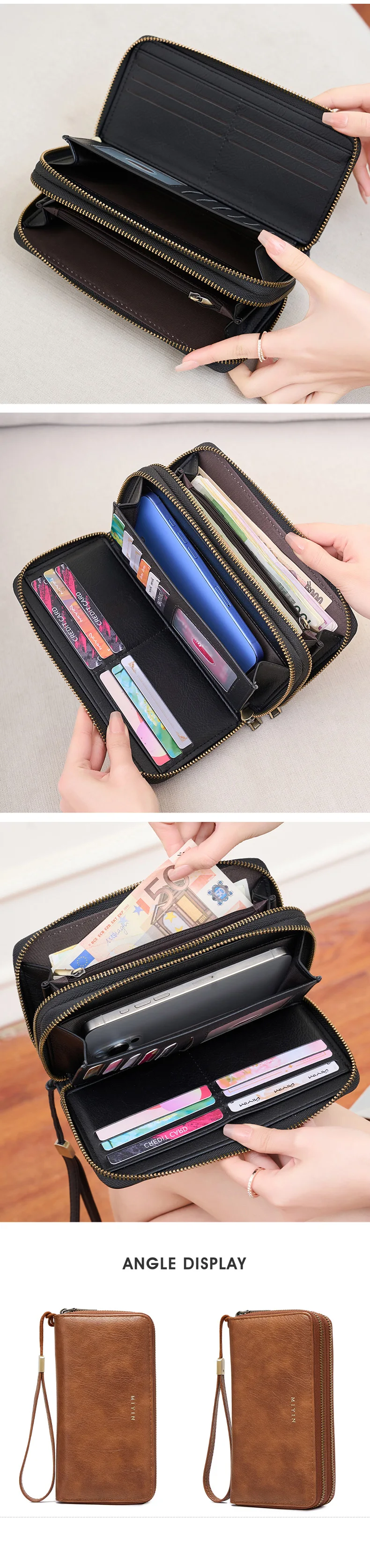 MIYIN Women's Wallet RFID Shielding Double Zipper Women's Clutch Bag Retro Minimalist Multi-function Multi-card Slot Card Holder
