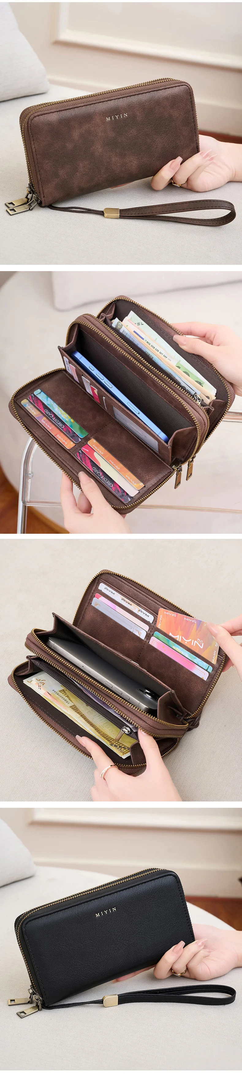 MIYIN Women's Wallet RFID Shielding Double Zipper Women's Clutch Bag Retro Minimalist Multi-function Multi-card Slot Card Holder