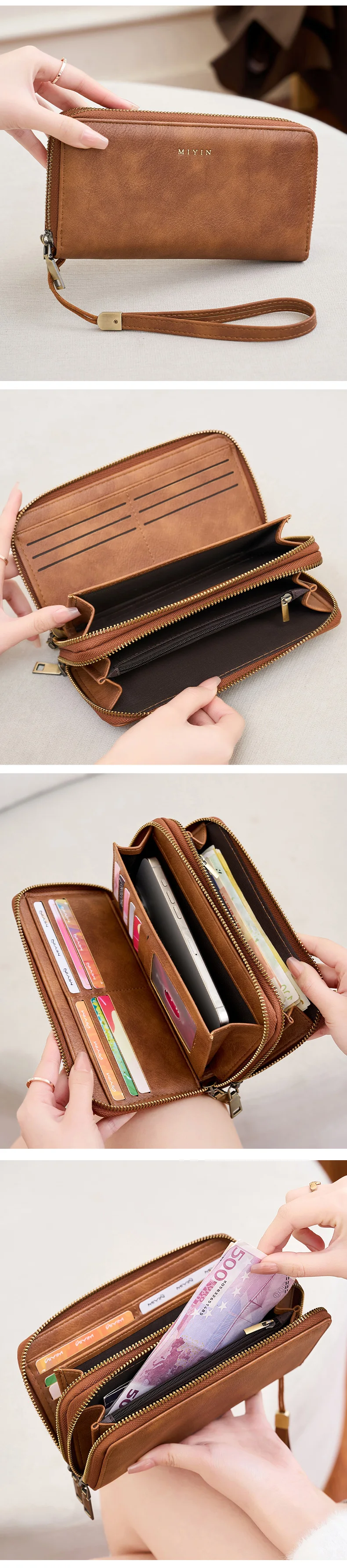 MIYIN Women's Wallet RFID Shielding Double Zipper Women's Clutch Bag Retro Minimalist Multi-function Multi-card Slot Card Holder