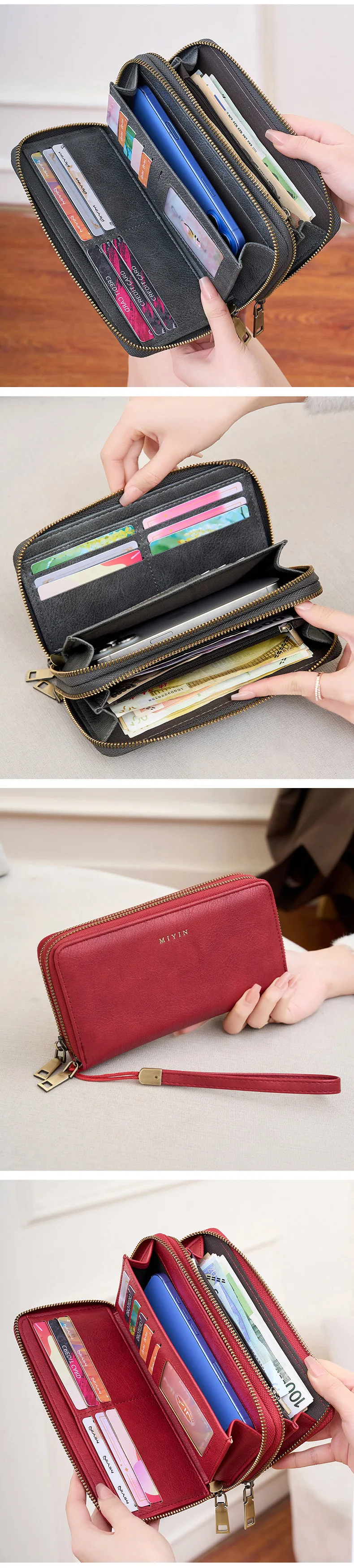 MIYIN Women's Wallet RFID Shielding Double Zipper Women's Clutch Bag Retro Minimalist Multi-function Multi-card Slot Card Holder