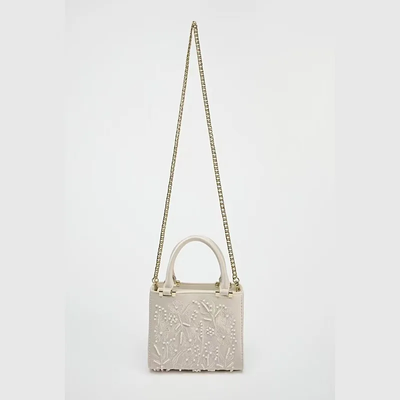 Elegant Soft Pearl Embroidery Fashion Handbag Silk Cheongsam Evening Clutch Chain Shoulder Bag Urban Minimalist Style Tote Chic