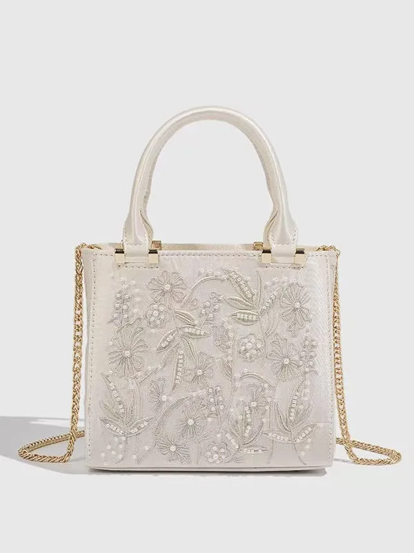 Elegant Soft Pearl Embroidery Fashion Handbag Silk Cheongsam Evening Clutch Chain Shoulder Bag Urban Minimalist Style Tote Chic