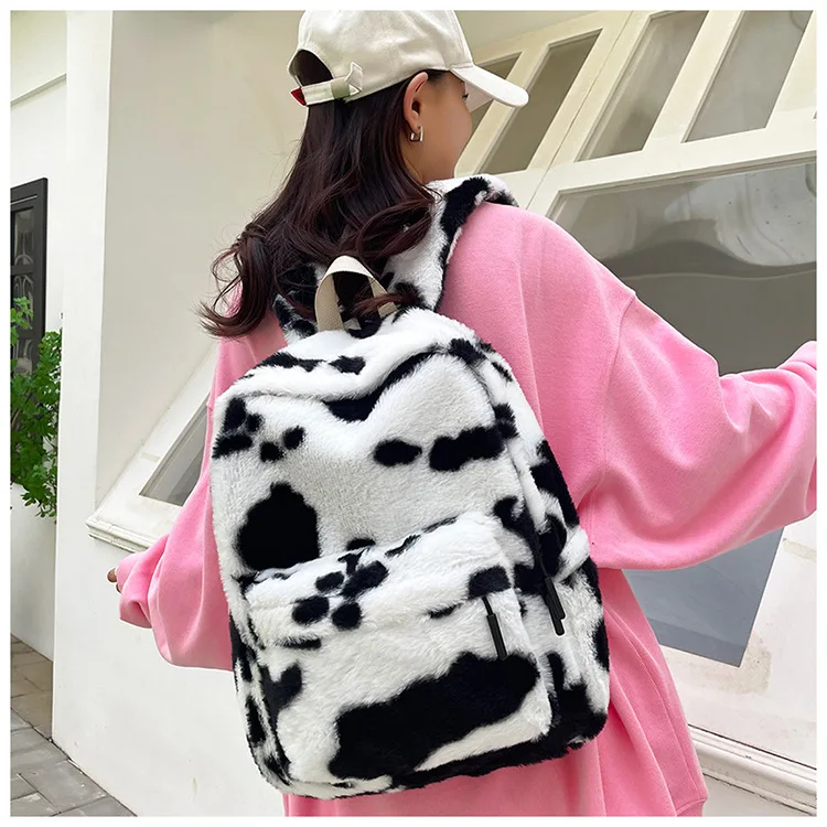 Plush Leopard Backpack Teenagers School Bag Large Capacity Fashion Students Bookbag Stylish Shoulder Backpack TravelOutdoor 2025
