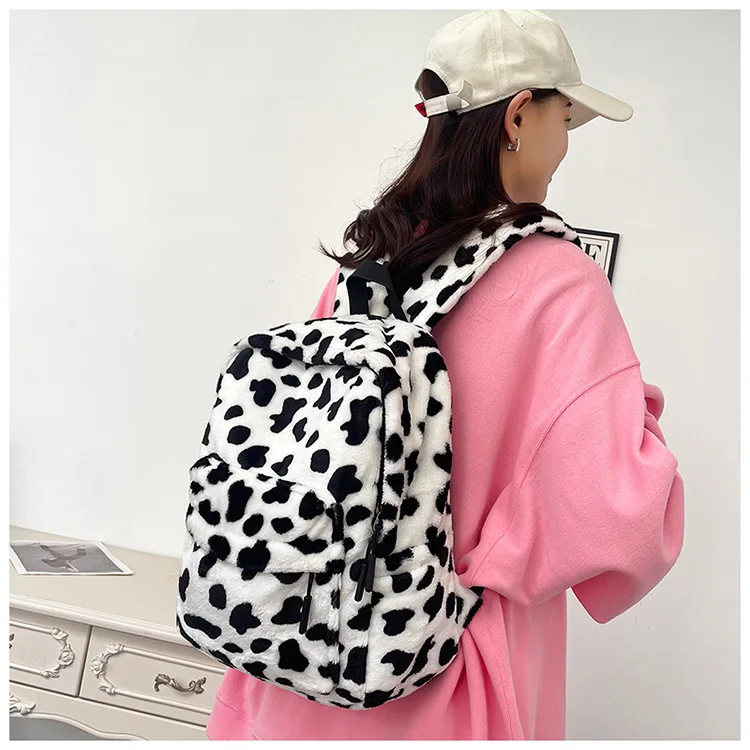 Plush Leopard Backpack Teenagers School Bag Large Capacity Fashion Students Bookbag Stylish Shoulder Backpack TravelOutdoor 2025