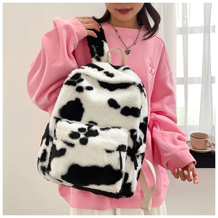 Plush Leopard Backpack Teenagers School Bag Large Capacity Fashion Students Bookbag Stylish Shoulder Backpack TravelOutdoor 2025