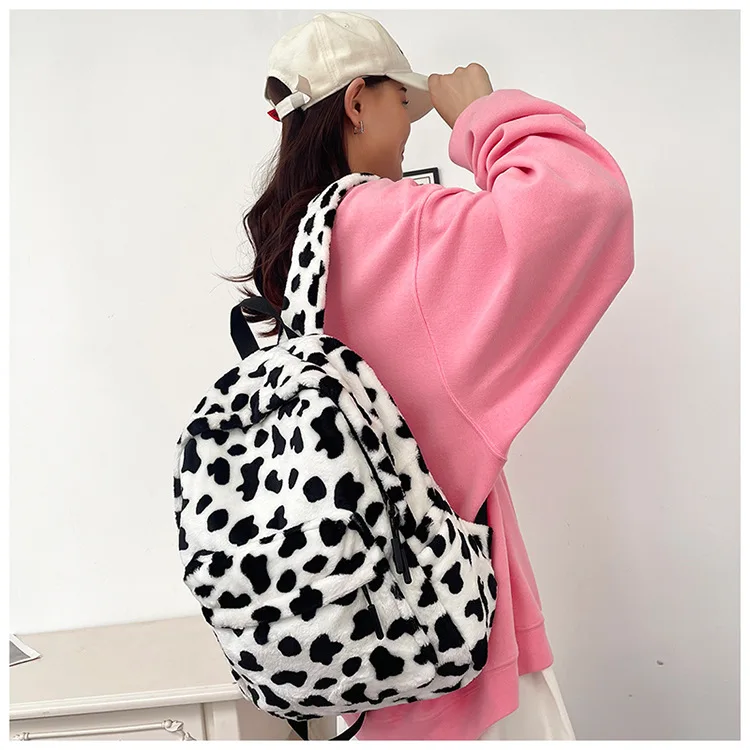 Plush Leopard Backpack Teenagers School Bag Large Capacity Fashion Students Bookbag Stylish Shoulder Backpack TravelOutdoor 2025