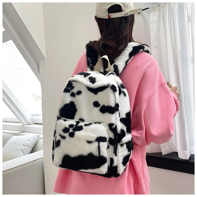 Plush Leopard Backpack Teenagers School Bag Large Capacity Fashion Students Bookbag Stylish Shoulder Backpack TravelOutdoor 2025