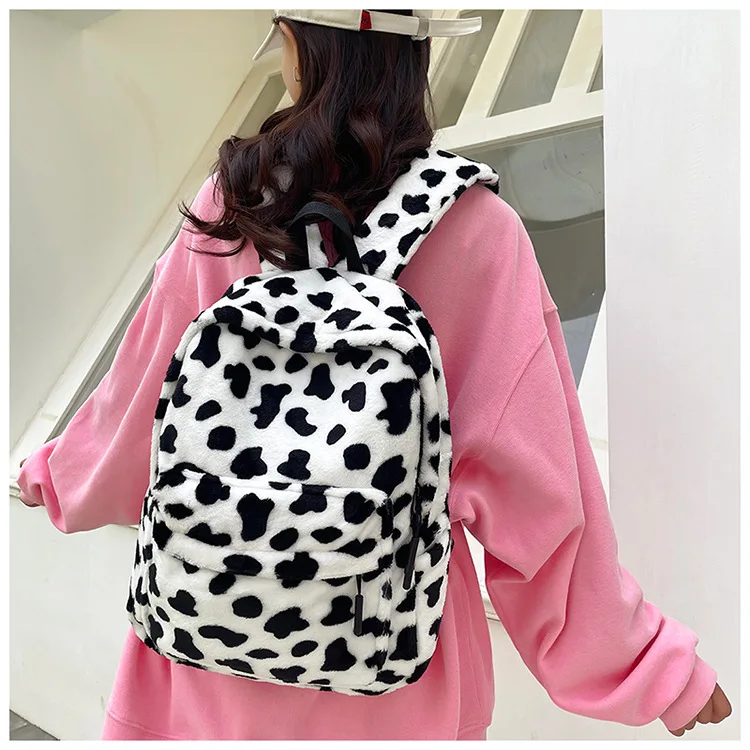 Plush Leopard Backpack Teenagers School Bag Large Capacity Fashion Students Bookbag Stylish Shoulder Backpack TravelOutdoor 2025