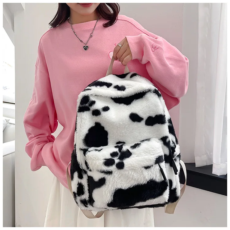 Plush Leopard Backpack Teenagers School Bag Large Capacity Fashion Students Bookbag Stylish Shoulder Backpack TravelOutdoor 2025