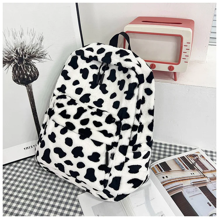 Plush Leopard Backpack Teenagers School Bag Large Capacity Fashion Students Bookbag Stylish Shoulder Backpack TravelOutdoor 2025