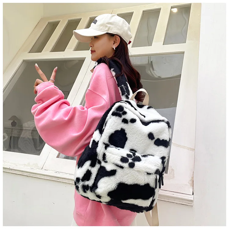 Plush Leopard Backpack Teenagers School Bag Large Capacity Fashion Students Bookbag Stylish Shoulder Backpack TravelOutdoor 2025
