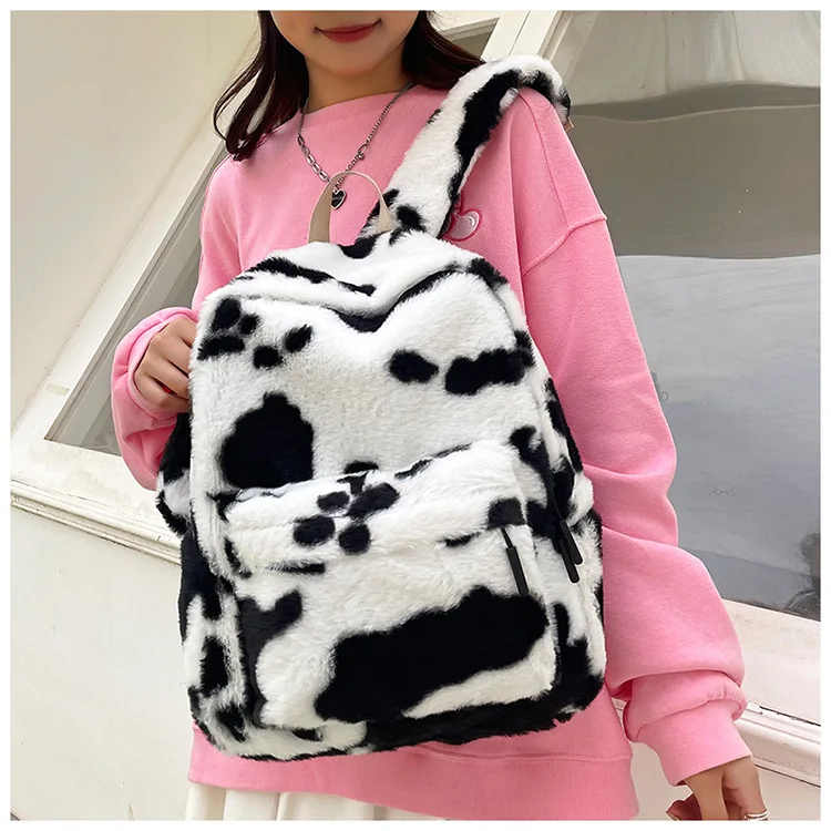 Plush Leopard Backpack Teenagers School Bag Large Capacity Fashion Students Bookbag Stylish Shoulder Backpack TravelOutdoor 2025