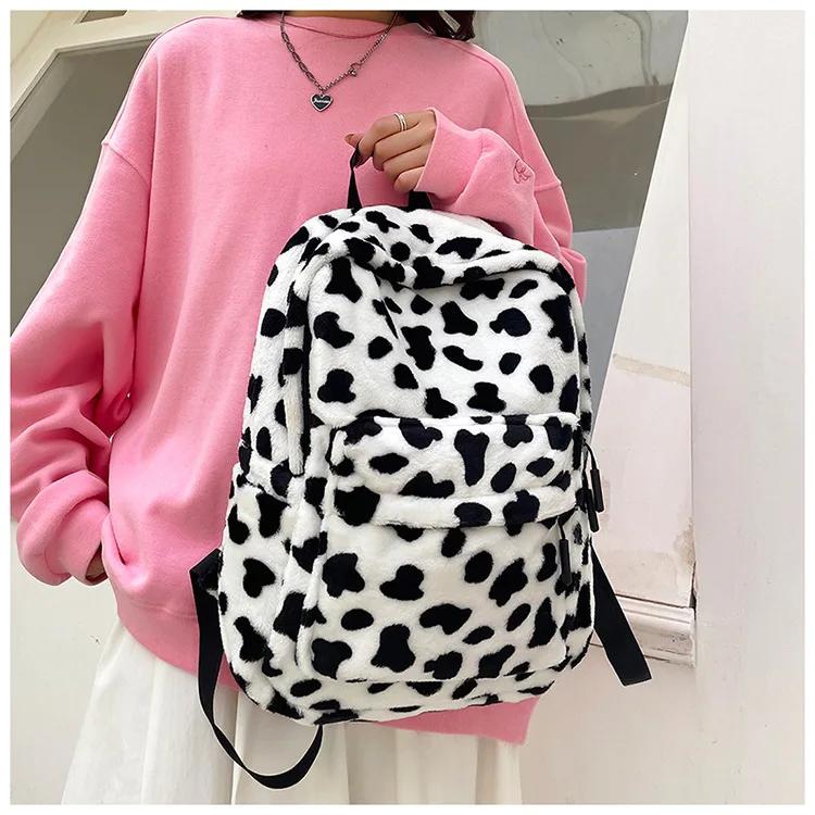 Plush Leopard Backpack Teenagers School Bag Large Capacity Fashion Students Bookbag Stylish Shoulder Backpack TravelOutdoor 2025
