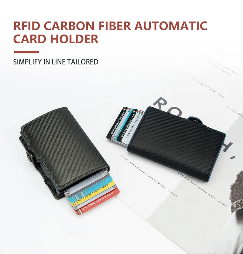 CASEKEY Carbon Fiber Protector Credit Card Holder Tarjetero Hombre RFID Leather Single Box Smart Wallet Slim Pop Up Card Case