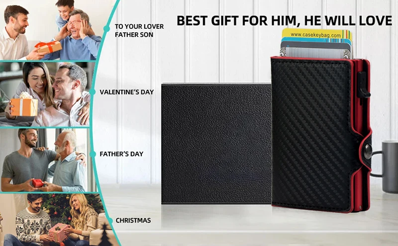 CASEKEY Carbon Fiber Protector Credit Card Holder Tarjetero Hombre RFID Leather Single Box Smart Wallet Slim Pop Up Card Case