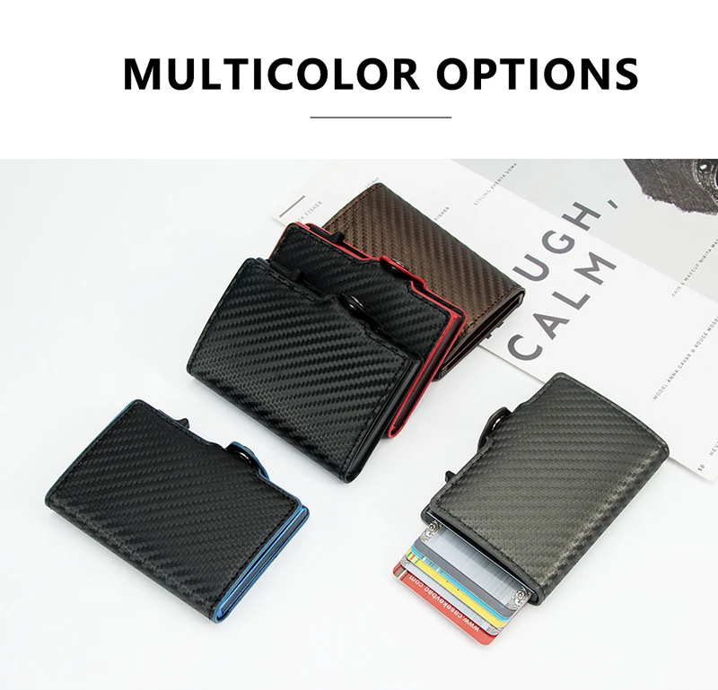 CASEKEY Carbon Fiber Protector Credit Card Holder Tarjetero Hombre RFID Leather Single Box Smart Wallet Slim Pop Up Card Case