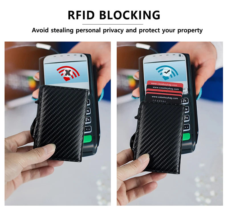 CASEKEY Carbon Fiber Protector Credit Card Holder Tarjetero Hombre RFID Leather Single Box Smart Wallet Slim Pop Up Card Case