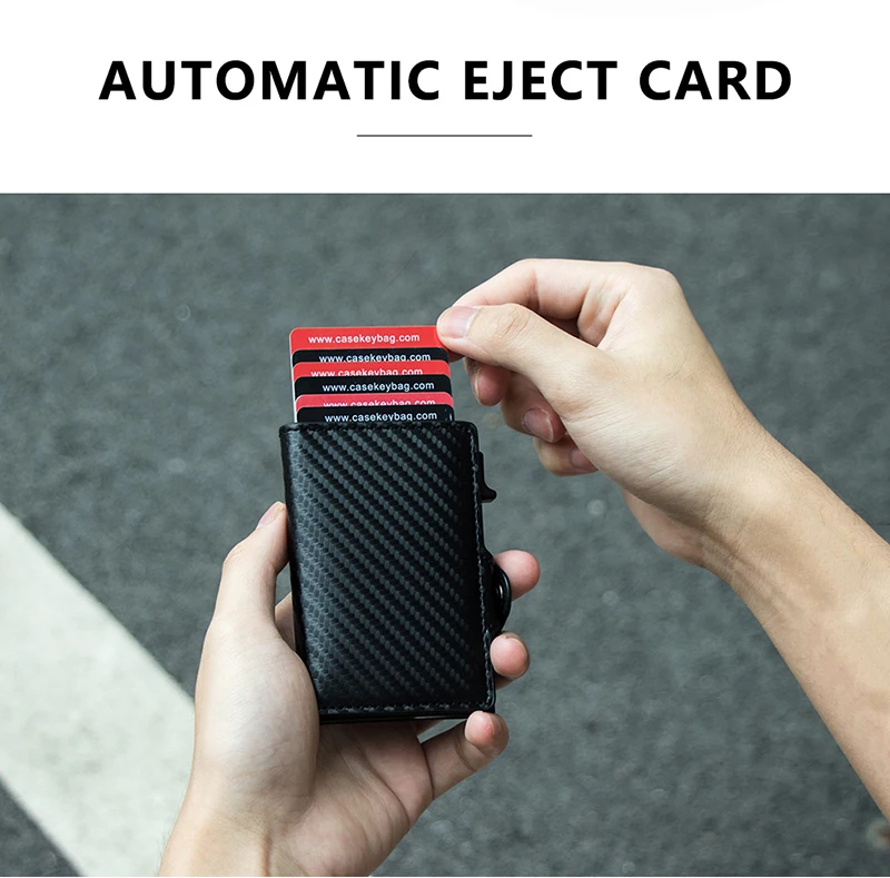 CASEKEY Carbon Fiber Protector Credit Card Holder Tarjetero Hombre RFID Leather Single Box Smart Wallet Slim Pop Up Card Case