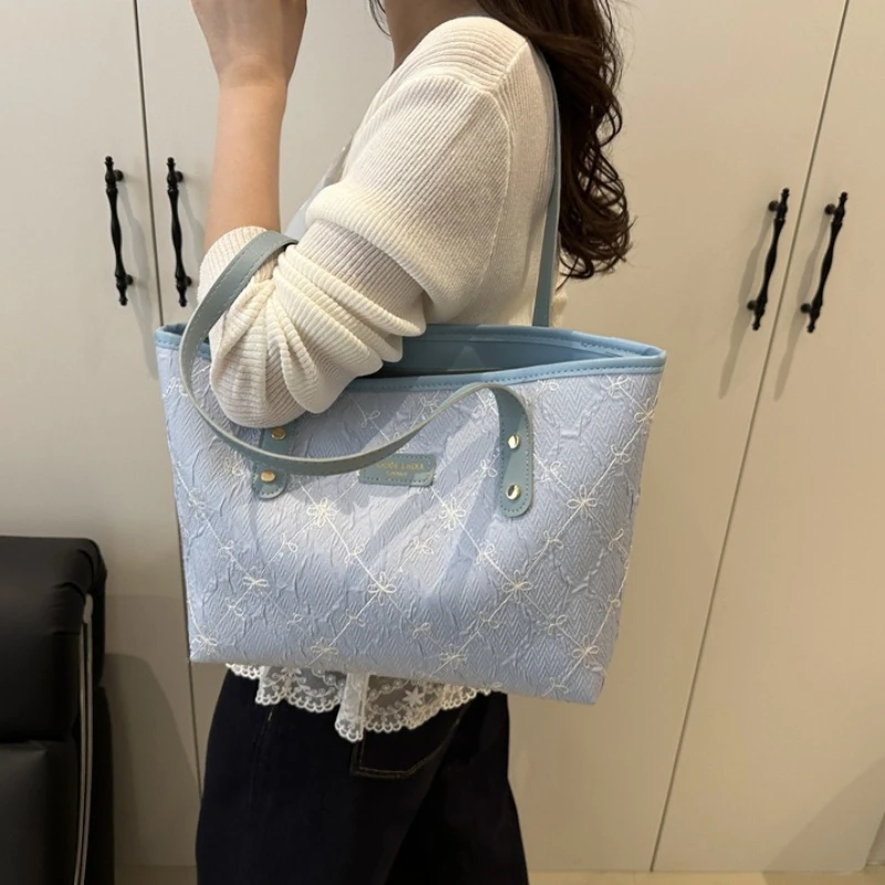 Minimalist Tote Shoulder Bag for Women, Sweet Lace Large Capacity Handbag with Leather Strap, Casual Underarm Purse,For Commute