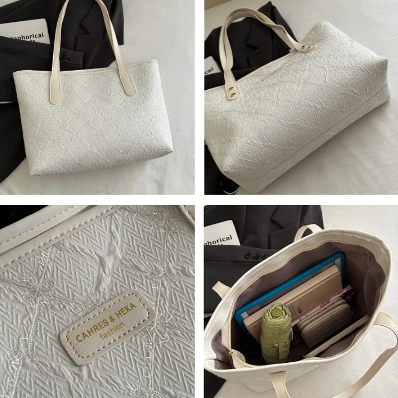 Minimalist Tote Shoulder Bag for Women, Sweet Lace Large Capacity Handbag with Leather Strap, Casual Underarm Purse,For Commute
