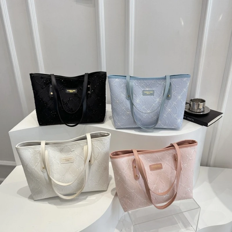 Minimalist Tote Shoulder Bag for Women, Sweet Lace Large Capacity Handbag with Leather Strap, Casual Underarm Purse,For Commute