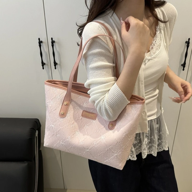 Minimalist Tote Shoulder Bag for Women, Sweet Lace Large Capacity Handbag with Leather Strap, Casual Underarm Purse,For Commute