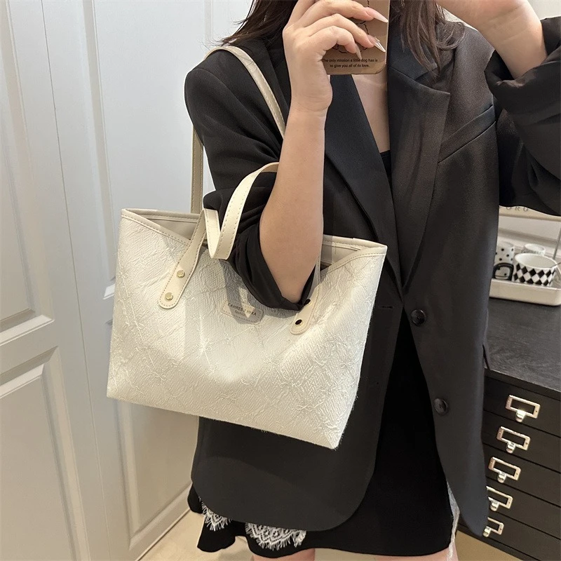 Minimalist Tote Shoulder Bag for Women, Sweet Lace Large Capacity Handbag with Leather Strap, Casual Underarm Purse,For Commute