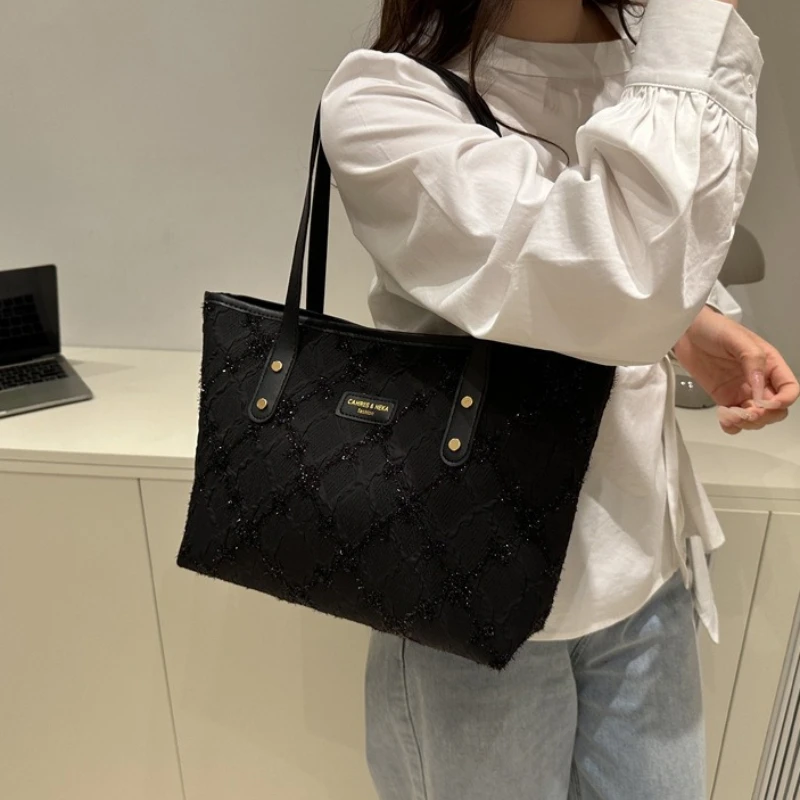 Minimalist Tote Shoulder Bag for Women, Sweet Lace Large Capacity Handbag with Leather Strap, Casual Underarm Purse,For Commute