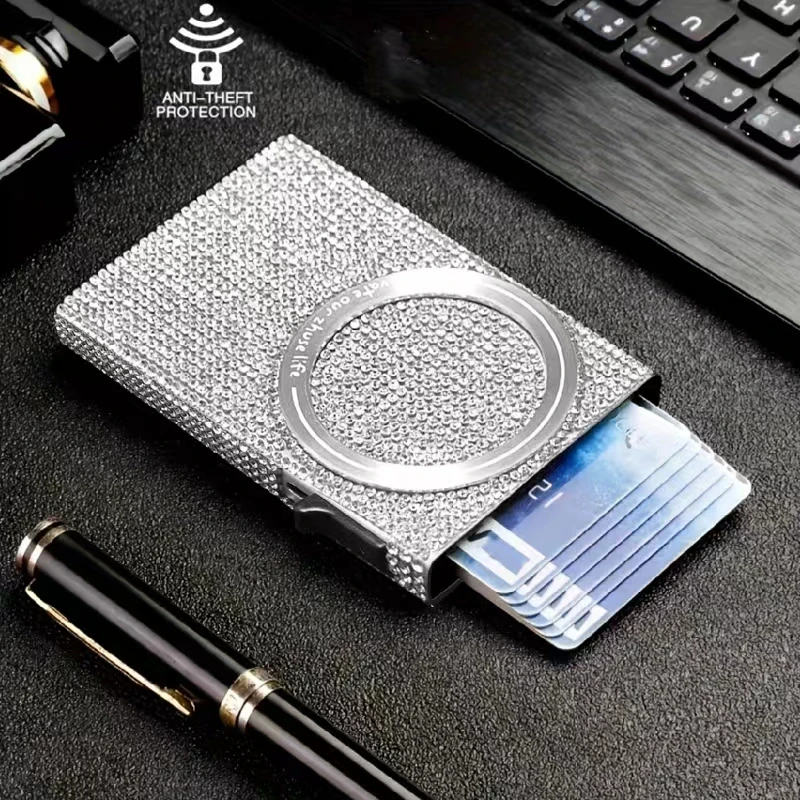 Women's Minimalist Aluminum Alloy Wallet, Magnetic Automatic Side-thrust Pop Up Card Holder With Anti-theft Brush Blocking