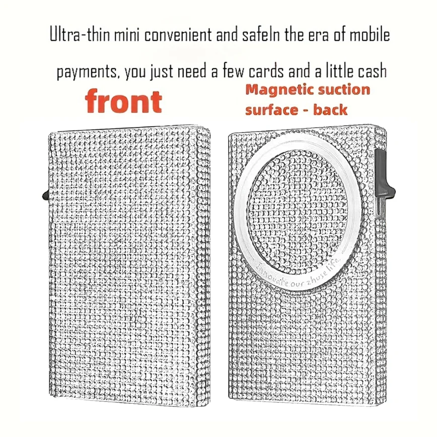 Women's Minimalist Aluminum Alloy Wallet, Magnetic Automatic Side-thrust Pop Up Card Holder With Anti-theft Brush Blocking