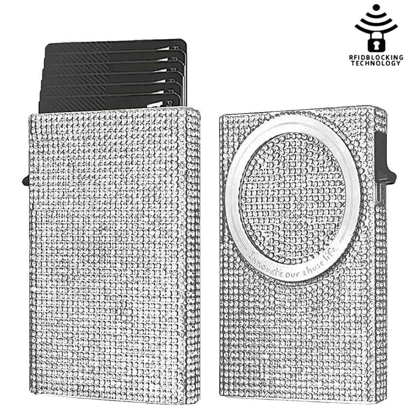 Women's Minimalist Aluminum Alloy Wallet, Magnetic Automatic Side-thrust Pop Up Card Holder With Anti-theft Brush Blocking
