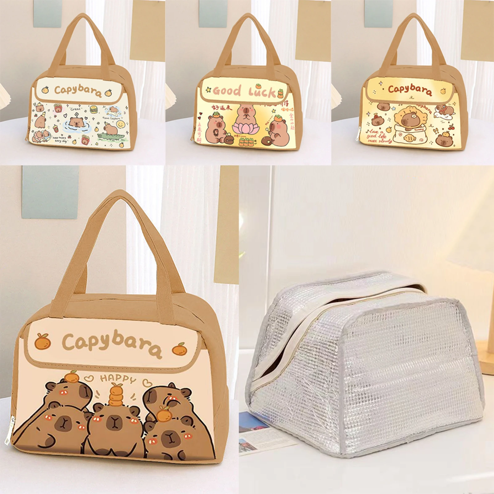 Cute Capybara Lunch Bag Large Capacity Waterproof Oil-Proof Animal Print Insulated Bento Box Carrier For Kids School Office
